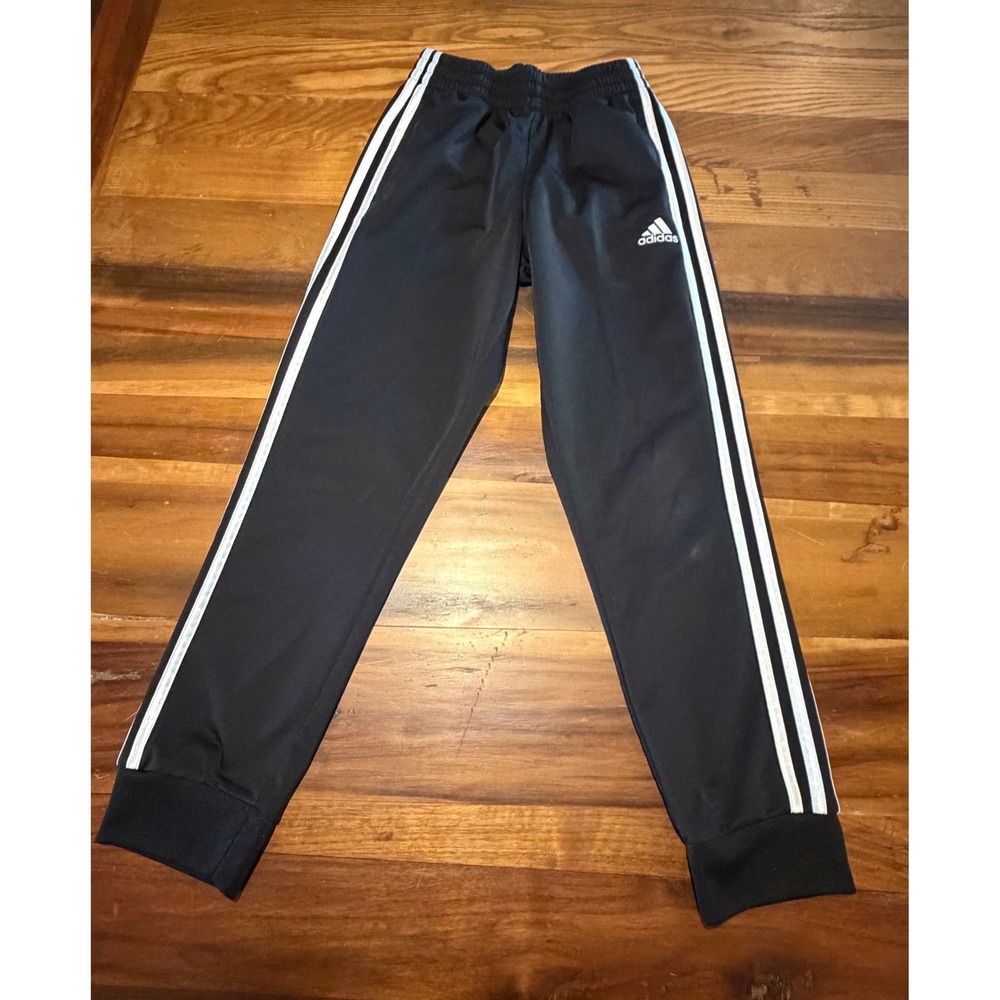 Adidas Boys Track Pants Black White 3 Stripe Joggers Regular Fit Size M 10-12